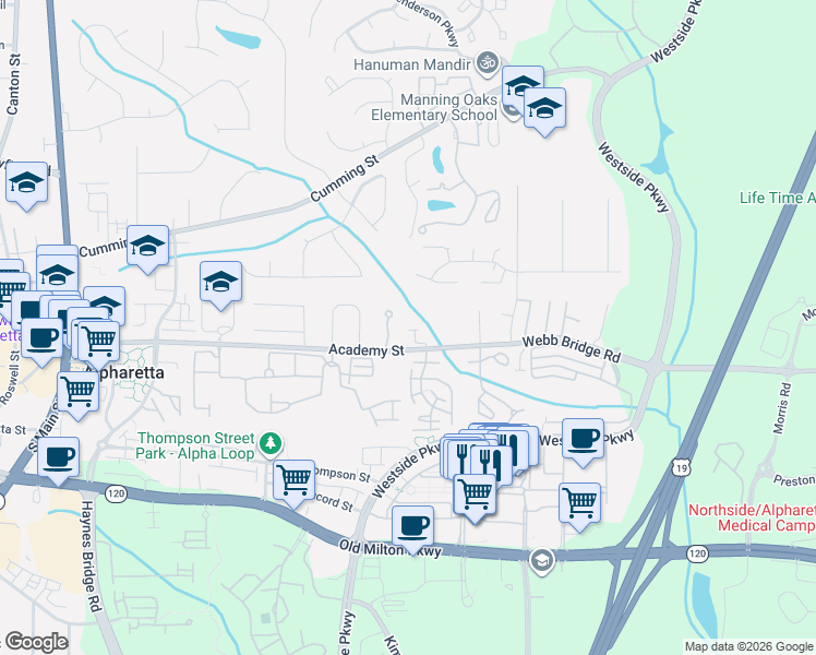 map of restaurants, bars, coffee shops, grocery stores, and more near 105 Wade Creek Road in Alpharetta