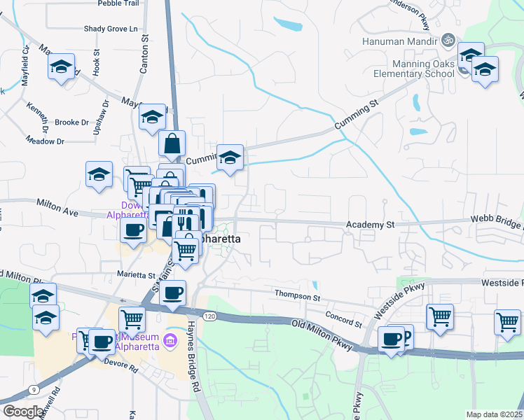 map of restaurants, bars, coffee shops, grocery stores, and more near 555 Letchas Lane in Alpharetta