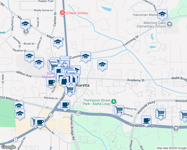 map of restaurants, bars, coffee shops, grocery stores, and more near 150 Academy Street in Alpharetta