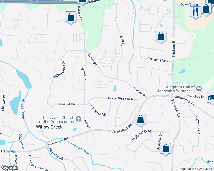 map of restaurants, bars, coffee shops, grocery stores, and more near 1228 West Oaks Way in Woodstock