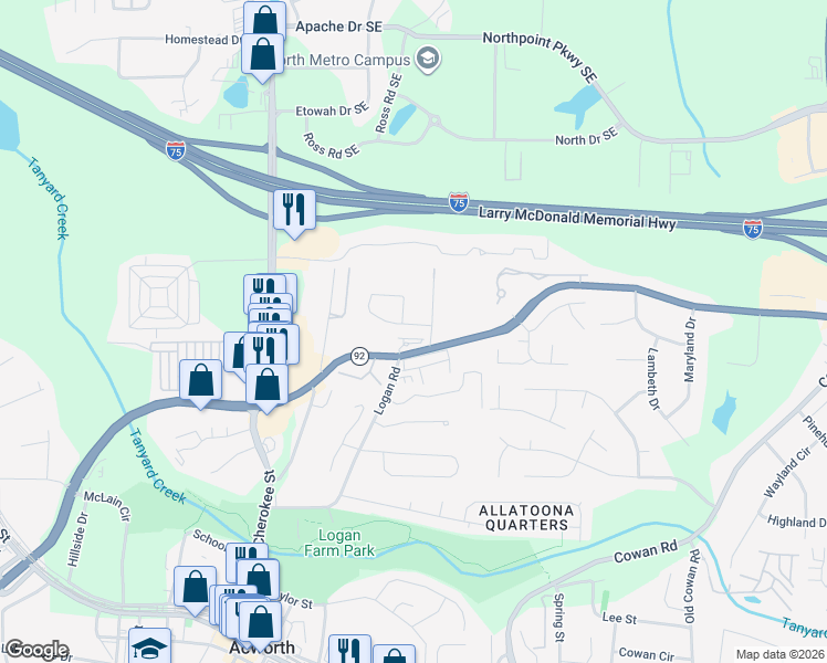 map of restaurants, bars, coffee shops, grocery stores, and more near 1006 Pepper Circle in Acworth