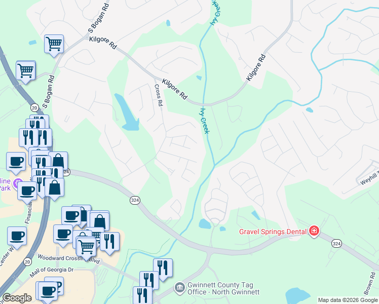 map of restaurants, bars, coffee shops, grocery stores, and more near 2203 Splitrail Trail Northeast in Buford
