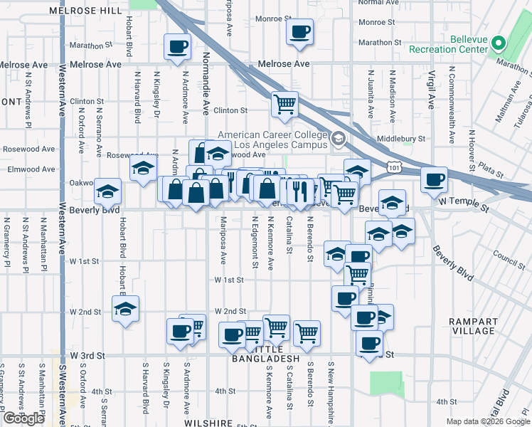 map of restaurants, bars, coffee shops, grocery stores, and more near 203 North Edgemont Street in Los Angeles