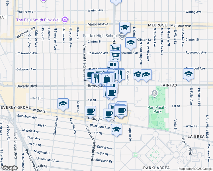 map of restaurants, bars, coffee shops, grocery stores, and more near Beverly Blvd & N Hayworth Ave in Los Angeles