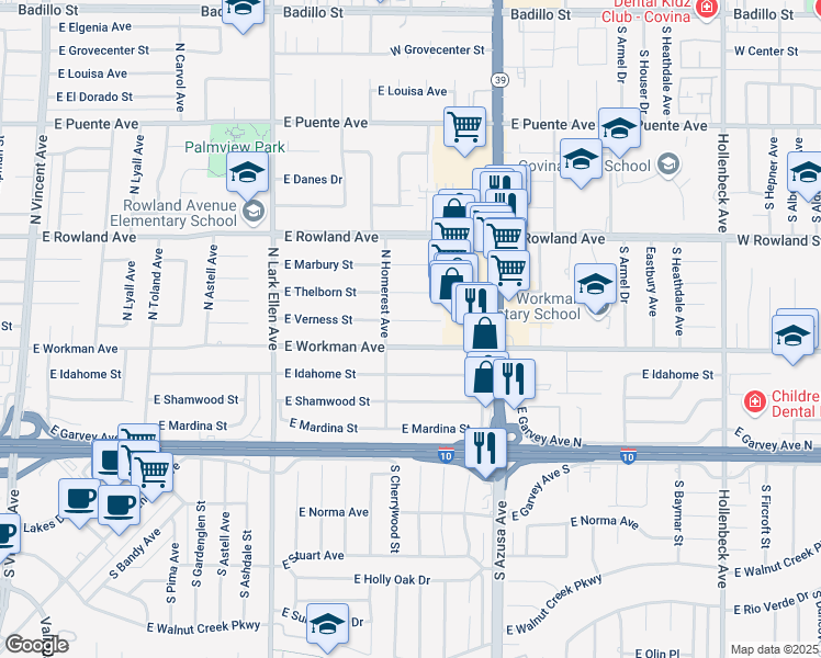map of restaurants, bars, coffee shops, grocery stores, and more near 1634 East Workman Avenue in West Covina