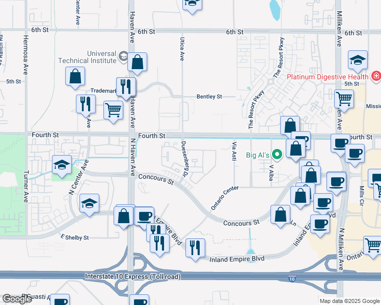 map of restaurants, bars, coffee shops, grocery stores, and more near 950 Duesenberg Drive in Ontario