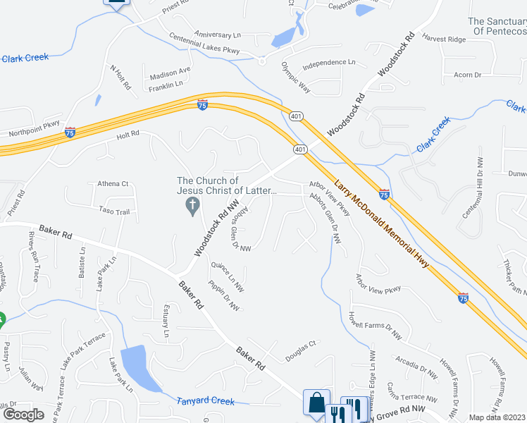 map of restaurants, bars, coffee shops, grocery stores, and more near 2657 Abbotts Glen Drive in Acworth