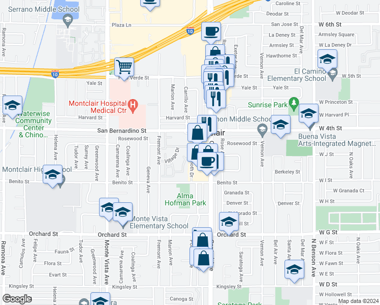 map of restaurants, bars, coffee shops, grocery stores, and more near 9802 Mammoth Drive in Montclair