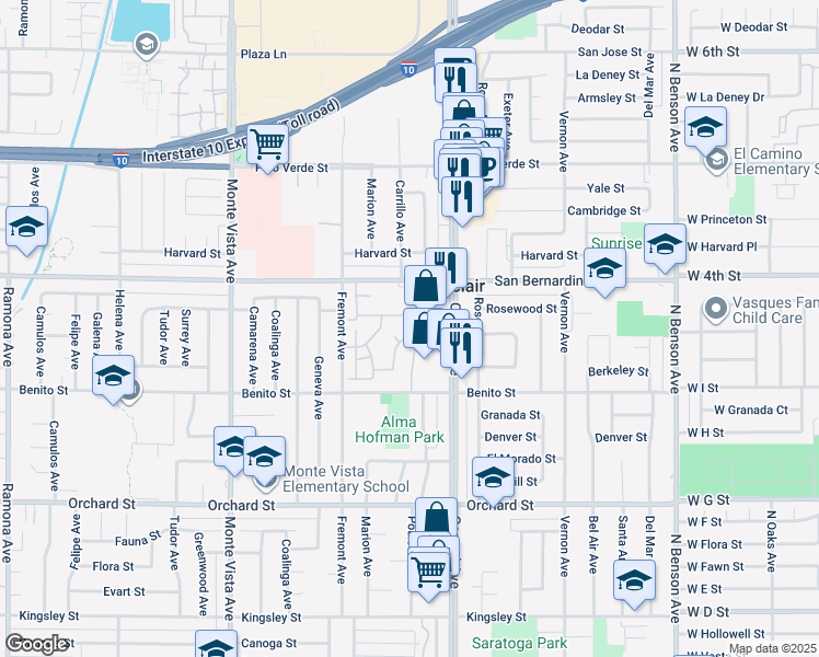 map of restaurants, bars, coffee shops, grocery stores, and more near 9802 Mammoth Drive in Montclair