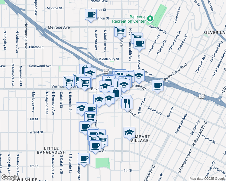 map of restaurants, bars, coffee shops, grocery stores, and more near 241 North Westmoreland Avenue in Los Angeles