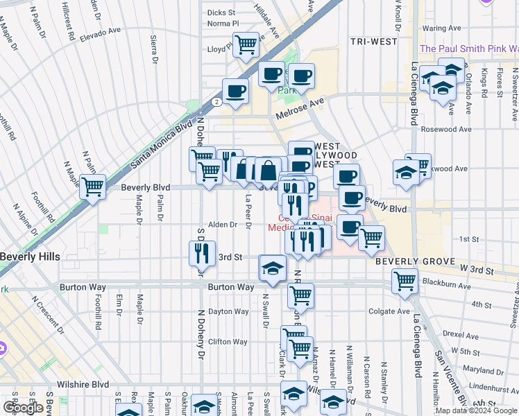 map of restaurants, bars, coffee shops, grocery stores, and more near 129 North Swall Drive in Los Angeles