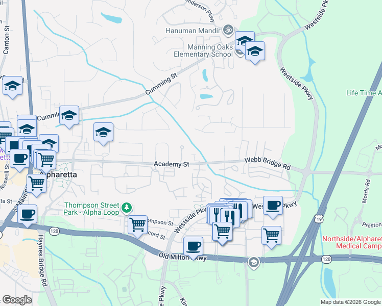 map of restaurants, bars, coffee shops, grocery stores, and more near 105 Wade Creek Road in Alpharetta