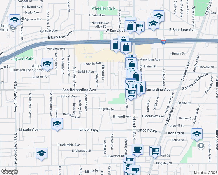 map of restaurants, bars, coffee shops, grocery stores, and more near 1703 Benedict Way in Pomona