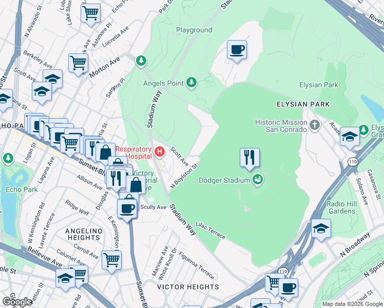 map of restaurants, bars, coffee shops, grocery stores, and more near 1502 North Boylston Street in Los Angeles