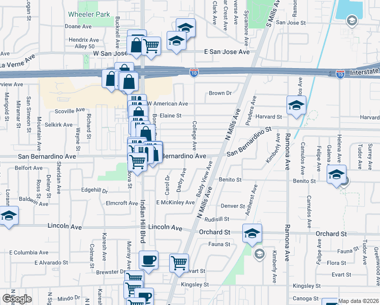 map of restaurants, bars, coffee shops, grocery stores, and more near 1785 San Bernardino Avenue in Pomona