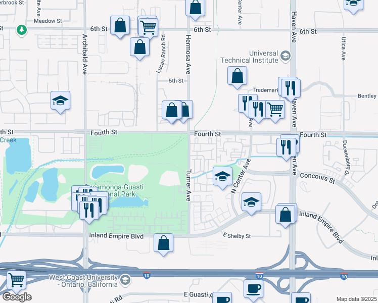 map of restaurants, bars, coffee shops, grocery stores, and more near 1020 North Turner Avenue in Ontario