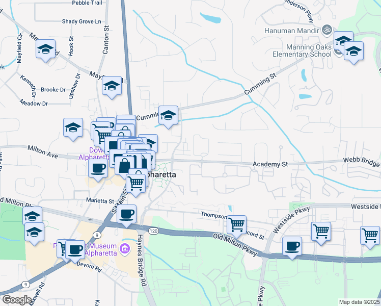 map of restaurants, bars, coffee shops, grocery stores, and more near 555 Letchas Lane in Alpharetta