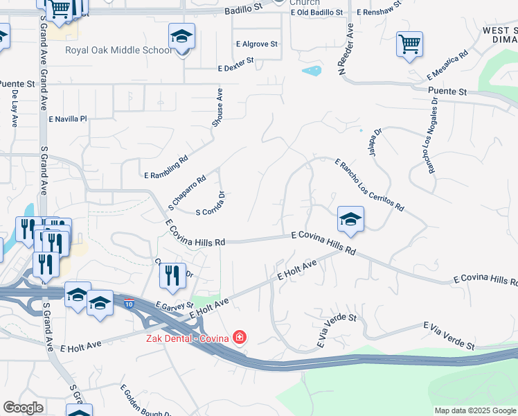 map of restaurants, bars, coffee shops, grocery stores, and more near 3314 Rancho Rio Bonita Road in Covina