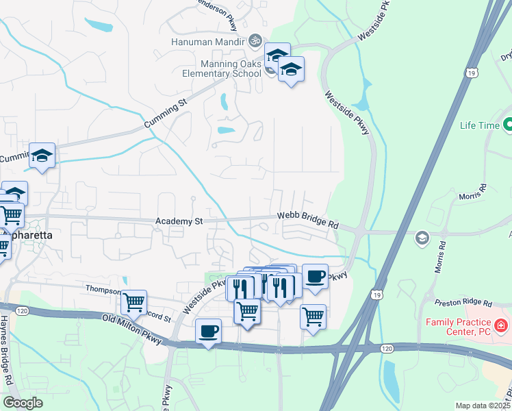 map of restaurants, bars, coffee shops, grocery stores, and more near 546 Plymouth Lane in Alpharetta