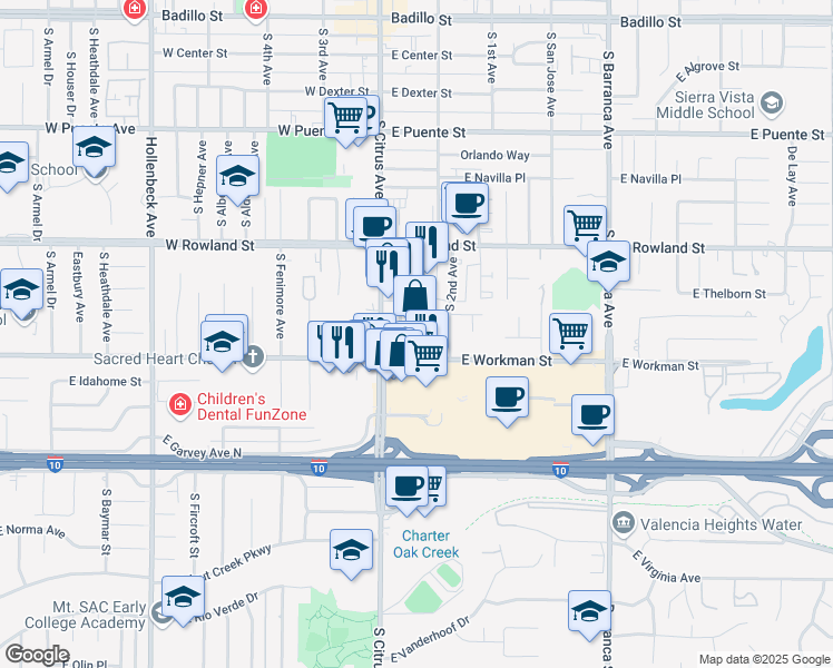 map of restaurants, bars, coffee shops, grocery stores, and more near 770 South Citrus Avenue in Covina