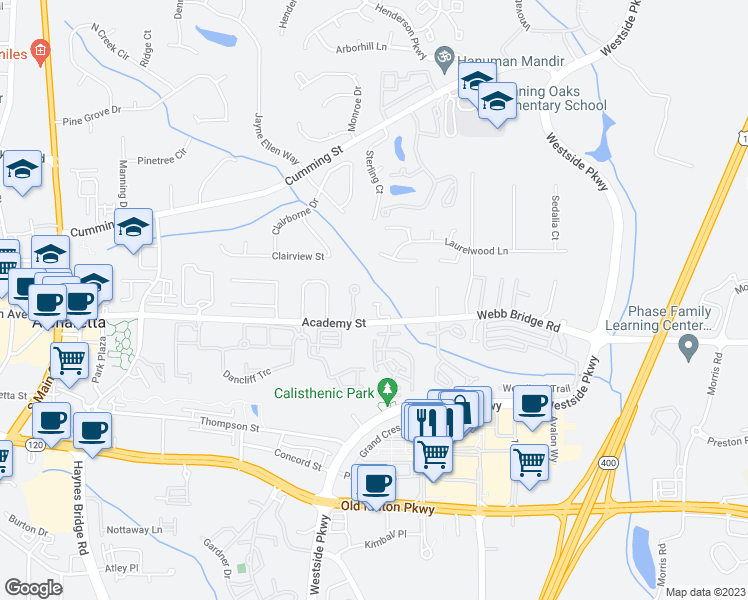 map of restaurants, bars, coffee shops, grocery stores, and more near 404 Wade Creek Road in Alpharetta