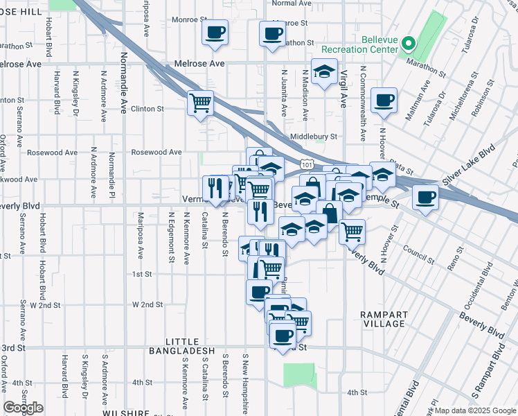 map of restaurants, bars, coffee shops, grocery stores, and more near 224 North Vermont Avenue in Los Angeles