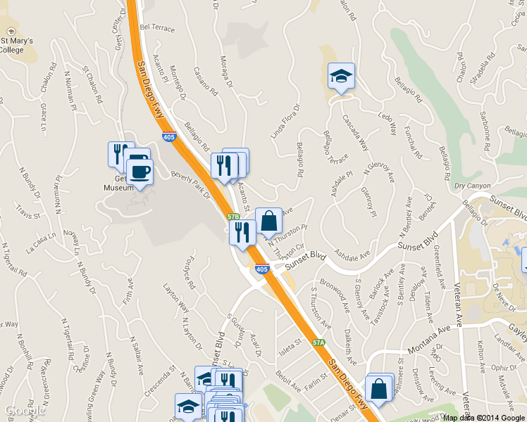 map of restaurants, bars, coffee shops, grocery stores, and more near 11452 Thurston Circle in Los Angeles