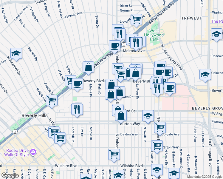 map of restaurants, bars, coffee shops, grocery stores, and more near 410 North Oakhurst Drive in Beverly Hills