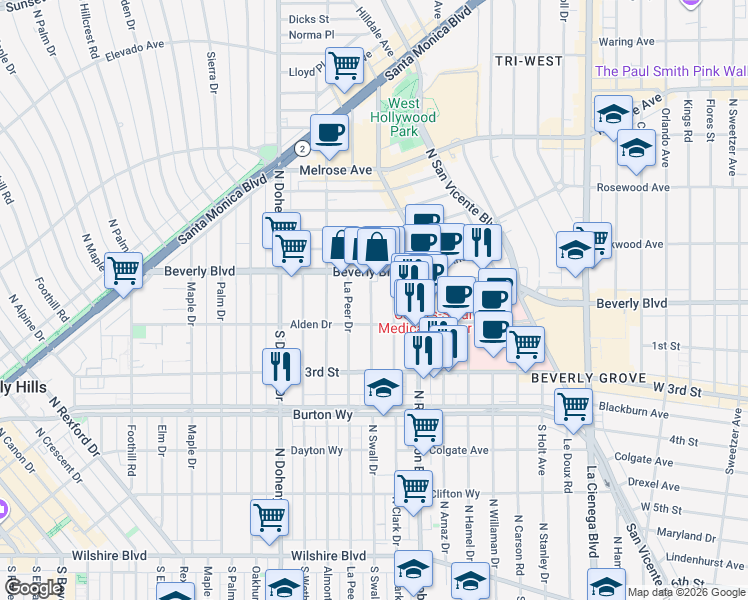 map of restaurants, bars, coffee shops, grocery stores, and more near 8903 Alden Drive in Los Angeles