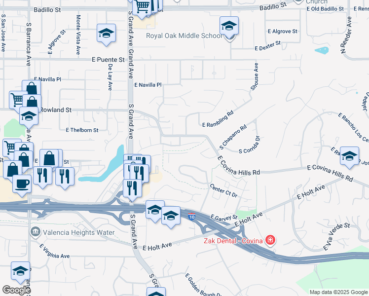map of restaurants, bars, coffee shops, grocery stores, and more near 1108 East Ranchcreek Road in Covina