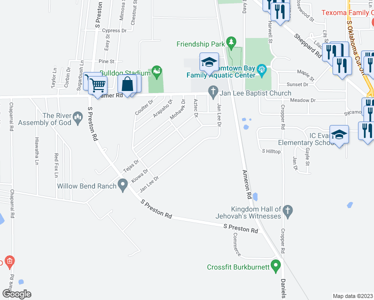 map of restaurants, bars, coffee shops, grocery stores, and more near 1038 Jan Lee Drive in Burkburnett