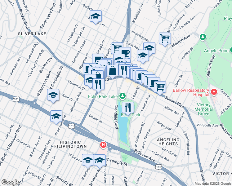 map of restaurants, bars, coffee shops, grocery stores, and more near 1003 Glendale Boulevard in Los Angeles