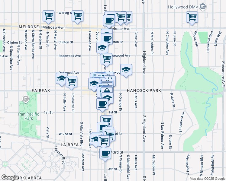 map of restaurants, bars, coffee shops, grocery stores, and more near N Sycamore Ave & Beverly Blvd in Los Angeles