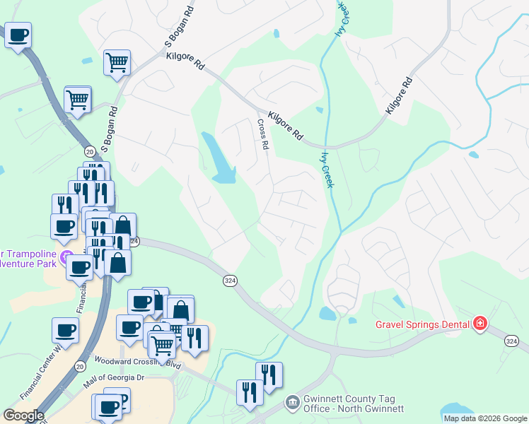 map of restaurants, bars, coffee shops, grocery stores, and more near Millgate Lane Northeast in Buford