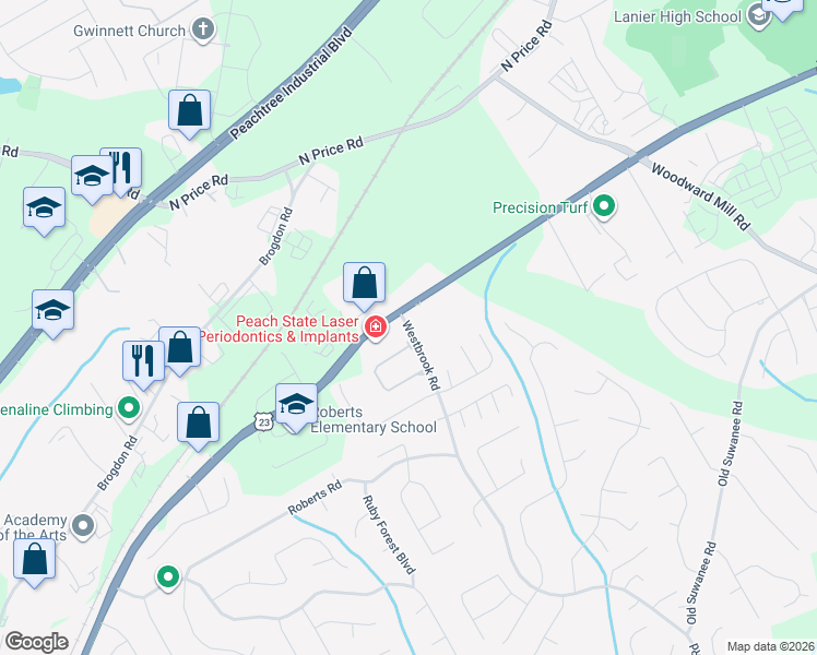 map of restaurants, bars, coffee shops, grocery stores, and more near 4236 Westbrook Road in Suwanee