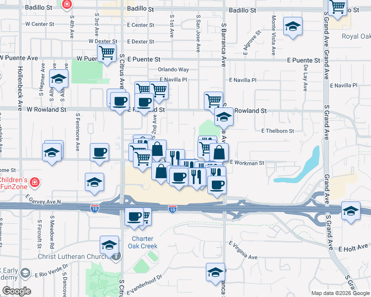 map of restaurants, bars, coffee shops, grocery stores, and more near 329 East Workman Street in Covina