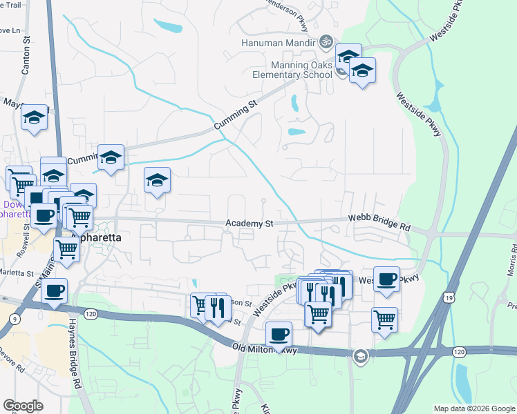 map of restaurants, bars, coffee shops, grocery stores, and more near 1015 Poplar Ridge Run in Alpharetta