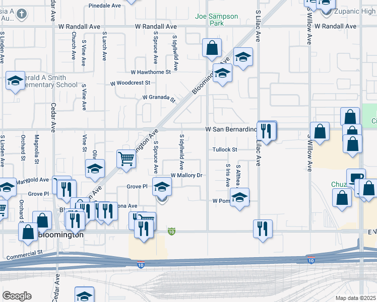 map of restaurants, bars, coffee shops, grocery stores, and more near 795 West El Molino Street in Bloomington
