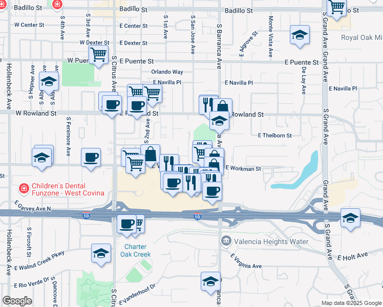 map of restaurants, bars, coffee shops, grocery stores, and more near 778 South San Antonio Drive in Covina