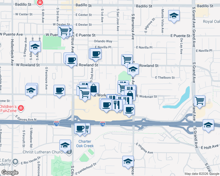 map of restaurants, bars, coffee shops, grocery stores, and more near 329 East Workman Street in Covina