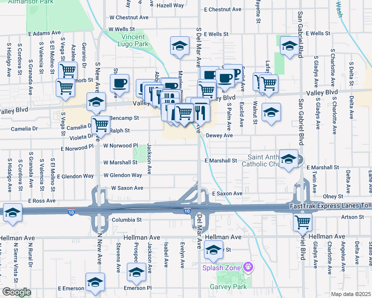 map of restaurants, bars, coffee shops, grocery stores, and more near 133 West Marshall Street in San Gabriel