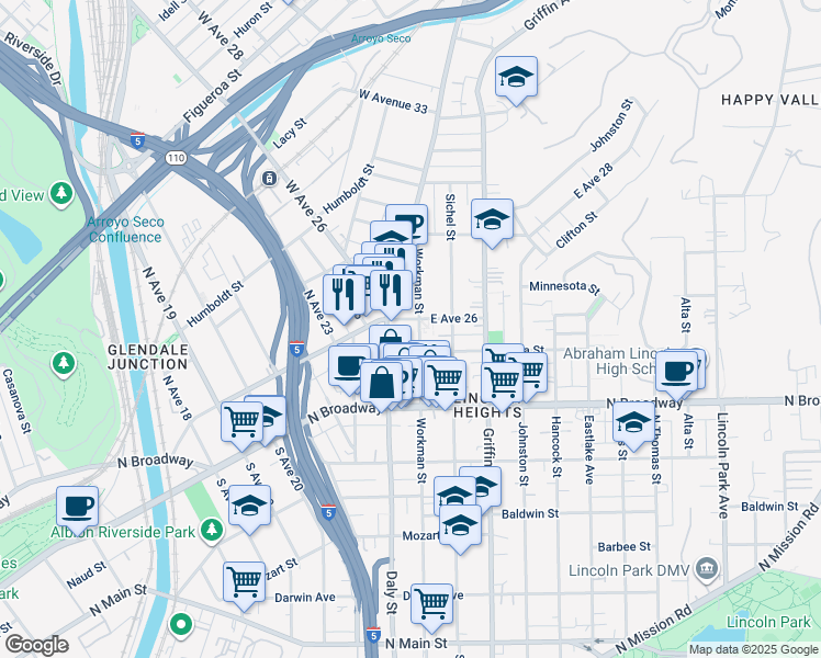map of restaurants, bars, coffee shops, grocery stores, and more near 2501 Workman Street in Los Angeles