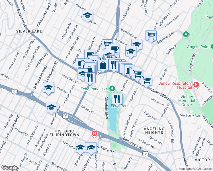 map of restaurants, bars, coffee shops, grocery stores, and more near 1003 Glendale Boulevard in Los Angeles