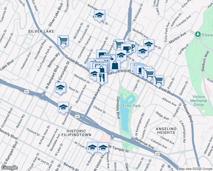 map of restaurants, bars, coffee shops, grocery stores, and more near 921 North Bonnie Brae Street in Los Angeles