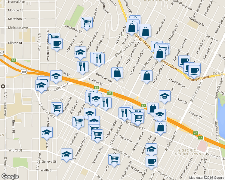 map of restaurants, bars, coffee shops, grocery stores, and more near 363 North Occidental Boulevard in Los Angeles