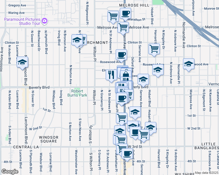map of restaurants, bars, coffee shops, grocery stores, and more near 228 Saint Andrews Place in Los Angeles