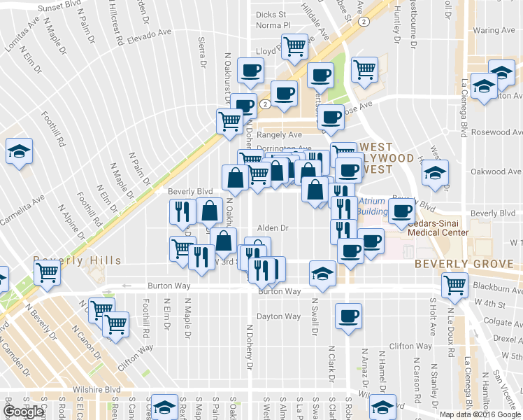 map of restaurants, bars, coffee shops, grocery stores, and more near 9029 Alden Drive in Los Angeles