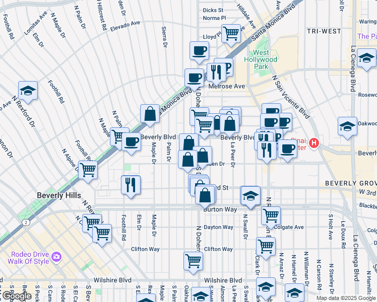 map of restaurants, bars, coffee shops, grocery stores, and more near 400 North Oakhurst Drive in Beverly Hills