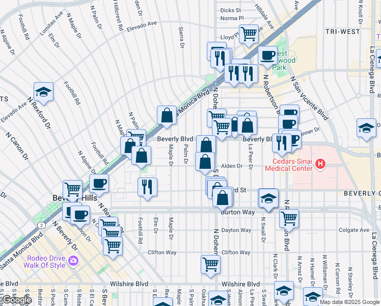 map of restaurants, bars, coffee shops, grocery stores, and more near 9183 Alden Drive in Beverly Hills