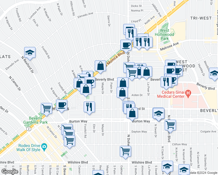 map of restaurants, bars, coffee shops, grocery stores, and more near 9183 Alden Drive in Beverly Hills